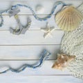 Sea Ã¢â¬â¹Ã¢â¬â¹shells, anchor, blue cord, white fishing net, starfish, pebbles, still life, summer vacation concept, trip to warm
